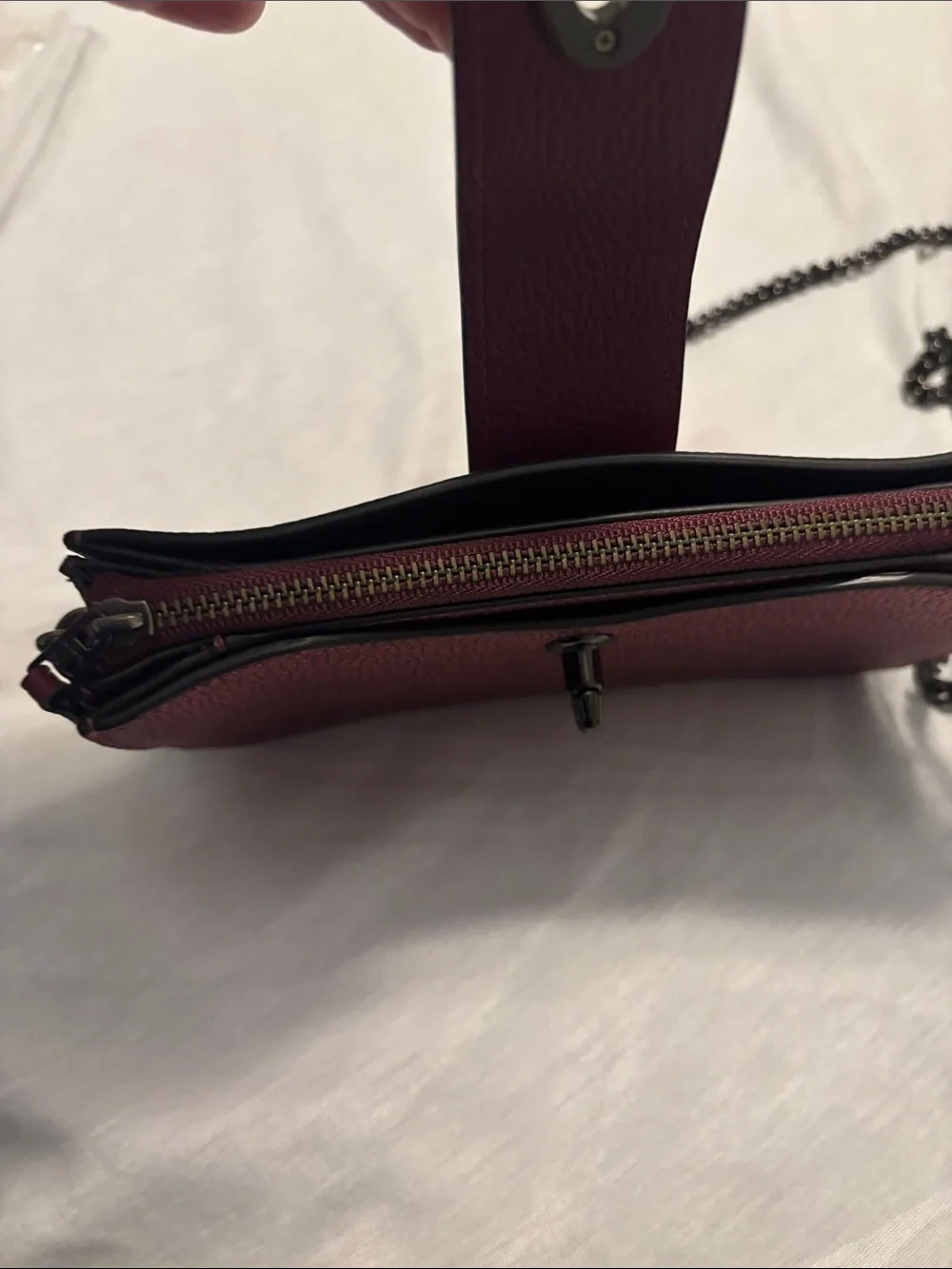 Coach Metallic Leather Turnlock Crossbody Berry Gunmetal Strap clutch wallet